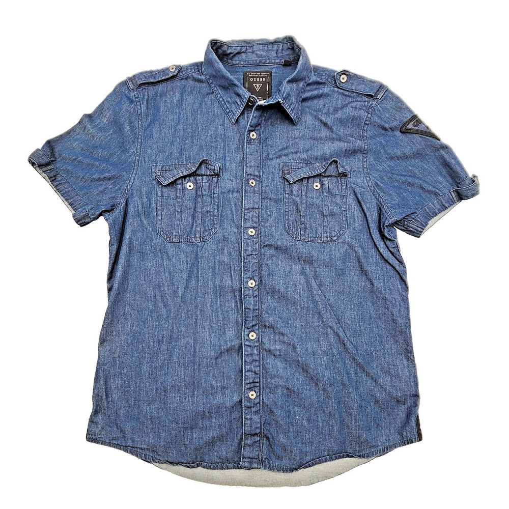 GUESS WOMENS DARK WASH‎ DENIM SHORT SLEEVE SHIRT SIZE L